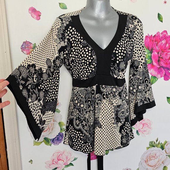 Mod retro Size S psychedelic Paisley Long Bell Sleeve v-neck flowy top - Picture 3 of 7